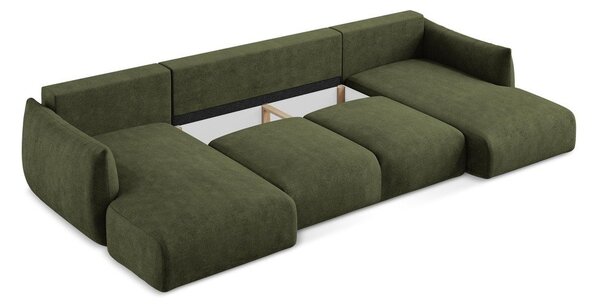 Divano angolare verde allungabile (a U) con rivestimento in ciniglia Leila – Makamii