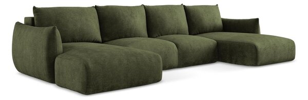 Divano angolare verde allungabile (a U) con rivestimento in ciniglia Leila – Makamii
