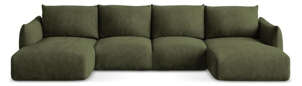 Divano angolare verde allungabile (a U) con rivestimento in ciniglia Leila – Makamii
