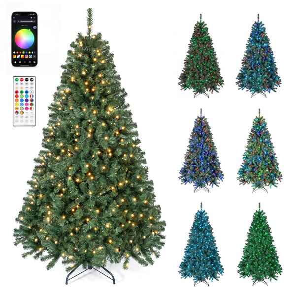 Costway Albero di natale artificiale con 300 luci led base pieghevole, Albero di natale folto luminosità e modalità regolabili