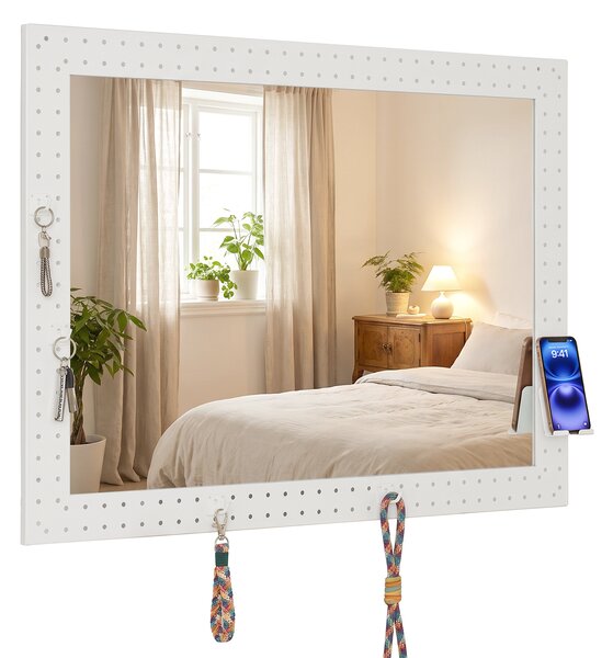 Costway Specchio da bagno 80 x 60 cm con cornice in metallo 4 ganci rimovibili, Specchio da parete decorativo con supporto telefono