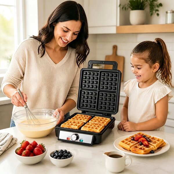 Costway Piastra per waffle antiaderente in acciaio inox, Macchina per waffle con rivestimento antiaderente temperatura regolabile e manico antiscottatura