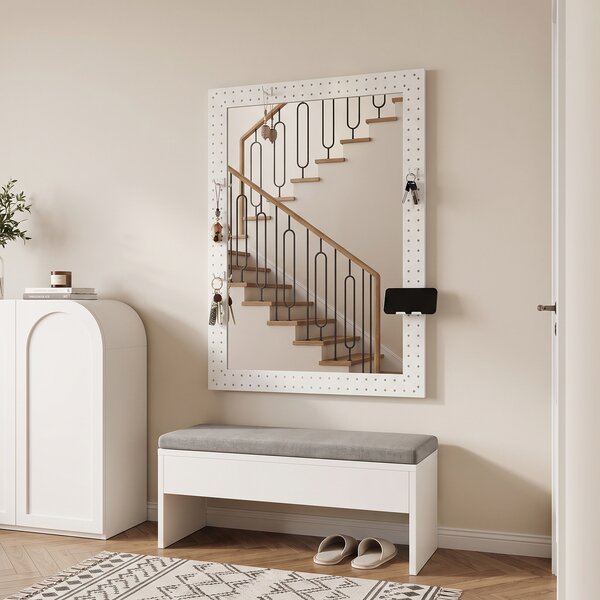 Costway Specchio da bagno 80 x 60 cm con cornice in metallo 4 ganci rimovibili, Specchio da parete decorativo con supporto telefono