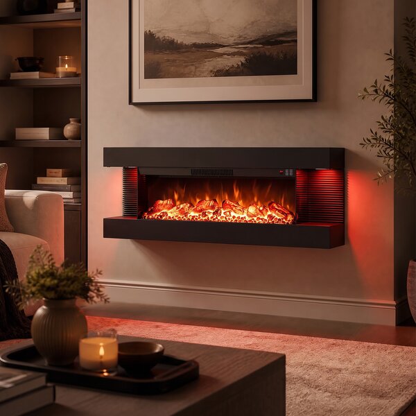 Costway Camino elettrico da parete/terra su 3 lati con 12 colori di fiamma, Caminetto decorativo da parete con luci led e timer 1-8h 127 x 20,5 x 42 cm