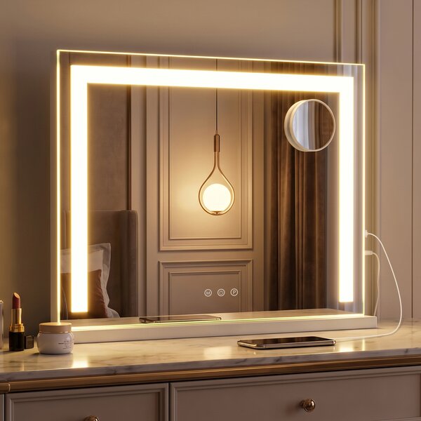 Costway Specchio da bagno con luci e ingrandimento 10x, Specchio da trucco per parete e tavolo con 3 colori e luminosità regolabili 58 x 10 x 43 cm