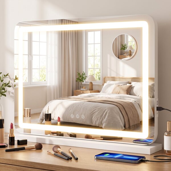 Costway Specchio trucco con luci 3 colori e luminosità regolabile, Specchio da tavolo o da parete con ingranditore 10x rimovibile stazione di ricarica