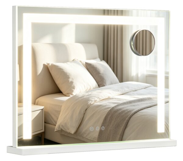 Costway Specchio da bagno con luci e ingrandimento 10x, Specchio da trucco per parete e tavolo con 3 colori e luminosità regolabili 58 x 10 x 43 cm