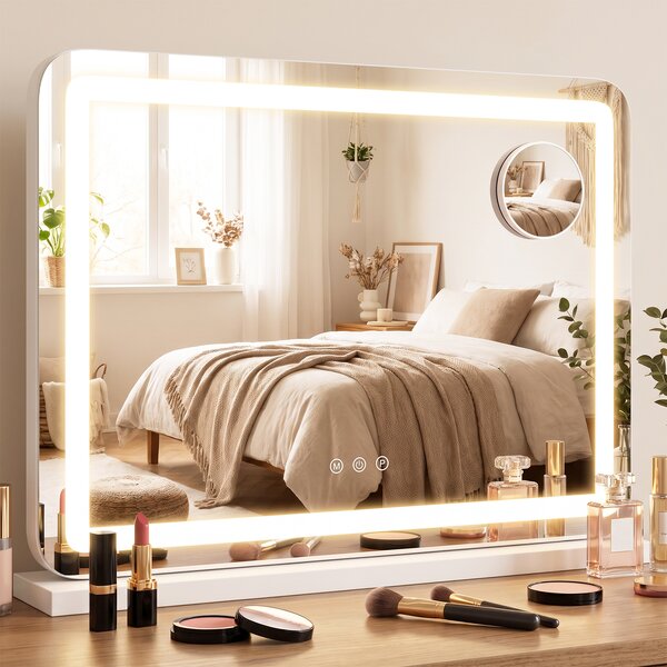 Costway Specchio trucco con luci 3 colori e luminosità regolabile, Specchio da tavolo o da parete con ingranditore 10x rimovibile stazione di ricarica