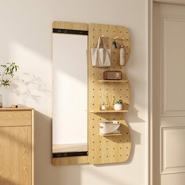 Costway Specchio da parete con pannello forato con guida scorrevole, Pannello forato legno con ganci e ripiani rimovibili