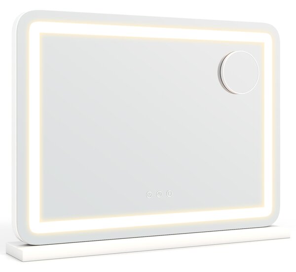 Costway Specchio trucco con luci 3 colori e luminosità regolabile, Specchio da tavolo o da parete con ingranditore 10x rimovibile stazione di ricarica