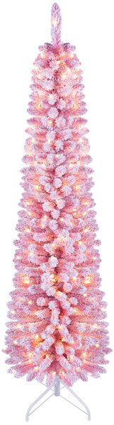 Costway Albero di natale artificiale 180 cm con 140 luci led, Albero di natale slim con 392 rami innevati decorazione per casa ufficio e negozio