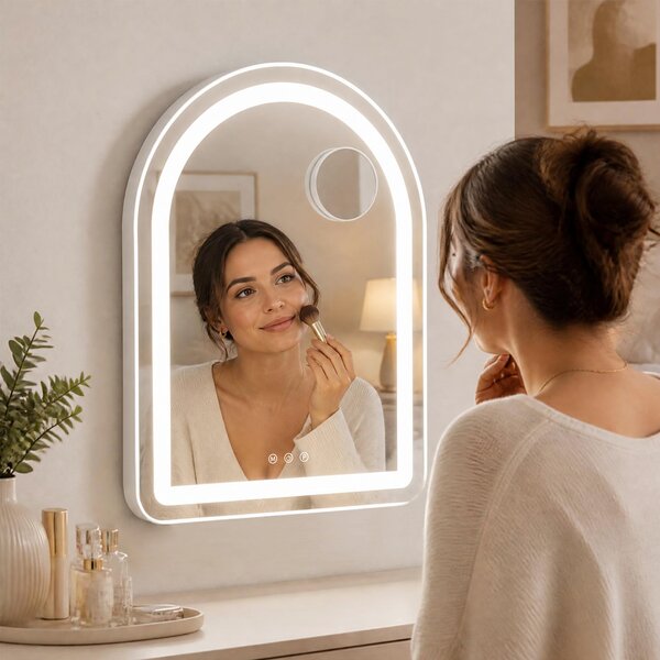 Costway Specchio da bagno con luci e ingrandimento 10x, Specchio da trucco per parete e tavolo con 3 colori e luminosità regolabili 40 x 12 x 55 cm