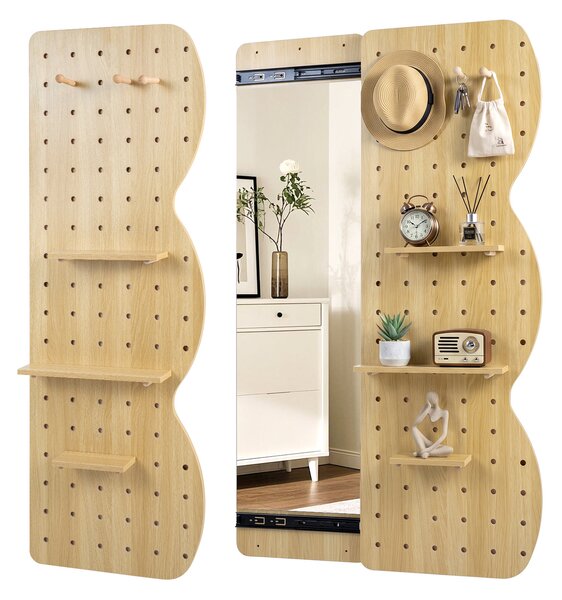 Costway Specchio da parete con pannello forato con guida scorrevole, Pannello forato legno con ganci e ripiani rimovibili