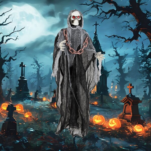 Costway Decorazione statua con figura morte attivazione sonora braccia regolabili, Decorazione di halloween alta 196 cm figura morte