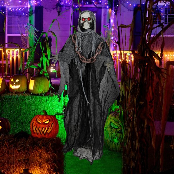 Costway Decorazione statua con figura morte attivazione sonora braccia regolabili, Decorazione di halloween alta 196 cm figura morte