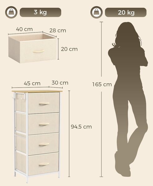 HOMCOM Cassettiera Con 4 Cassetti In Tessuto, Mobile Alto, Beige | Aosom Italy