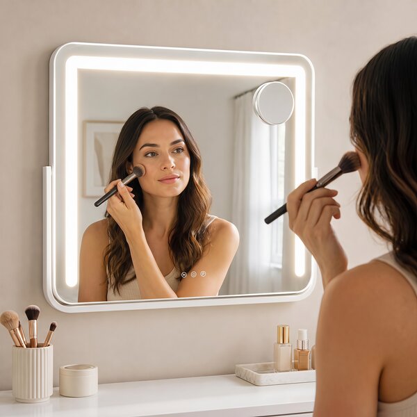 Costway Specchio da trucco a led con lente d'ingrandimento 10x rimovibile, Specchio hollywood illuminato con 3 colori dimmerabili rotazione a 360°