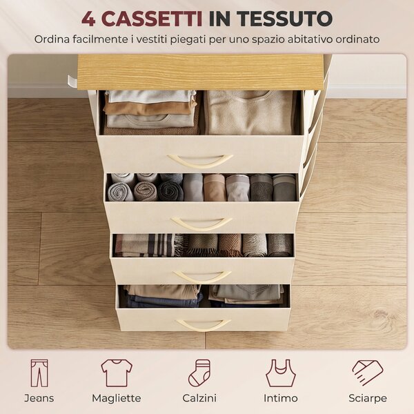 HOMCOM Cassettiera Con 4 Cassetti In Tessuto, Mobile Alto, Beige | Aosom Italy