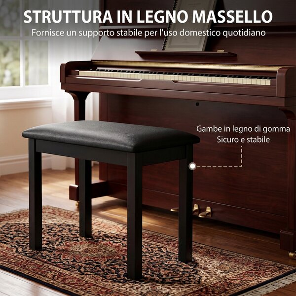 HOMCOM Sgabello per Pianoforte con Gambe in Legno di Caucciù, Seduta Imbottita, Rivestimento in Finta Pelle PU, Nero | Aosom Italy