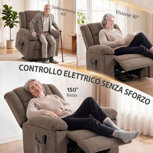 HOMCOM Poltrona Elettrica Alzapersona Reclinabile 150°, Braccioli Ampi, Massaggiante 8 Punti, Riscaldata, Marrone | Aosom Italy