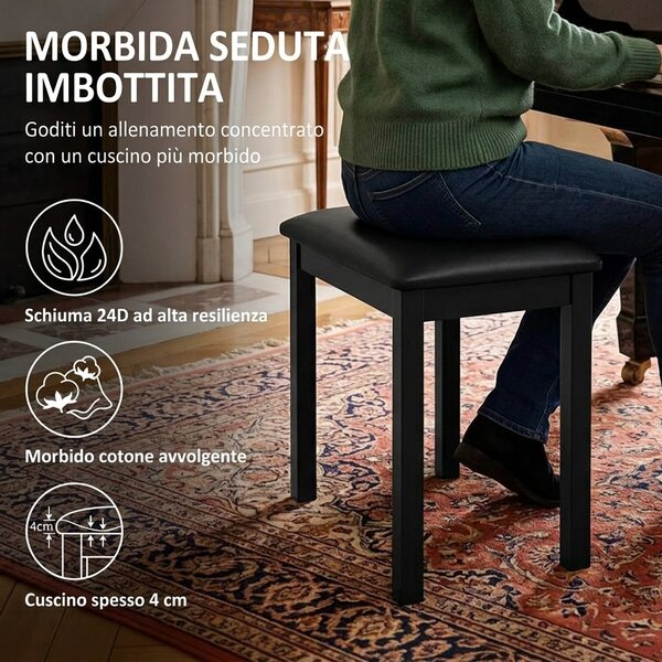 HOMCOM Sgabello per Pianoforte con Gambe in Legno di Caucciù, Seduta Imbottita, Rivestimento in Finta Pelle PU, Nero | Aosom Italy