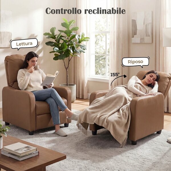 HOMCOM Poltrona Relax Reclinabile Manuale 155° con Poggiapiedi, in Pelle PU, per Soggiorno e Camera, Marrone scuro | Aosom Italy