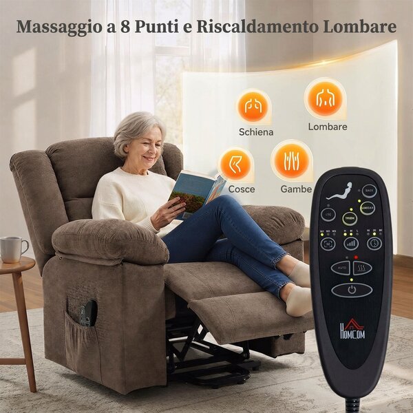 HOMCOM Poltrona Elettrica Alzapersona Reclinabile 150°, Braccioli Ampi, Massaggiante 8 Punti, Riscaldata, Marrone | Aosom Italy