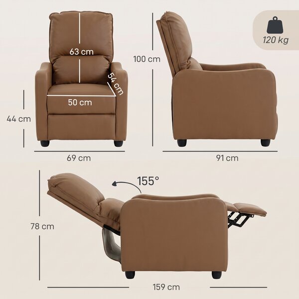 HOMCOM Poltrona Relax Reclinabile Manuale 155° con Poggiapiedi, in Pelle PU, per Soggiorno e Camera, Marrone scuro | Aosom Italy