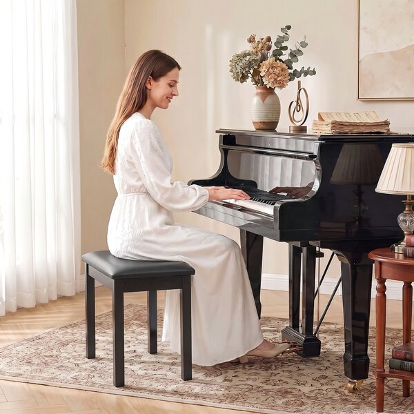 HOMCOM Sgabello per Pianoforte con Gambe in Legno di Caucciù, Seduta Imbottita, Rivestimento in Finta Pelle PU, Nero | Aosom Italy