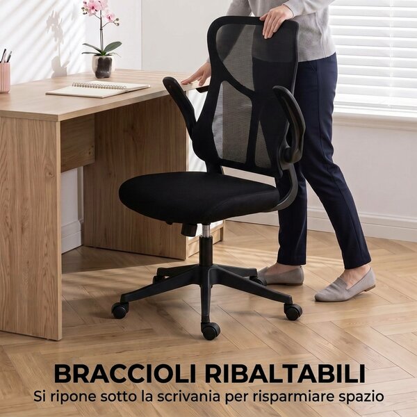 HOMCOM Sedia Ufficio Ergonomica Girevole con Braccioli Ribaltabili, Funzione Dondolo, Altezza Regolabili, in Rete, Nero | Aosom Italy