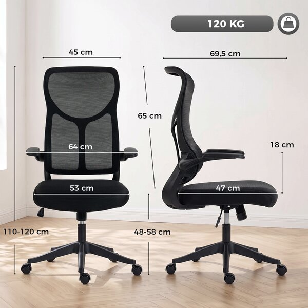 HOMCOM Sedia Ufficio Ergonomica Girevole con Braccioli Ribaltabili, Funzione Dondolo, Altezza Regolabili, in Rete, Nero | Aosom Italy
