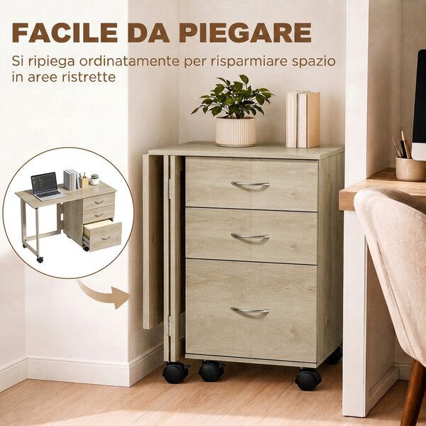 HOMCOM Scrivania Ufficio Pieghevole con 3 Cassetti, 4 Ruote con Freno, Rovere | Aosom Italy