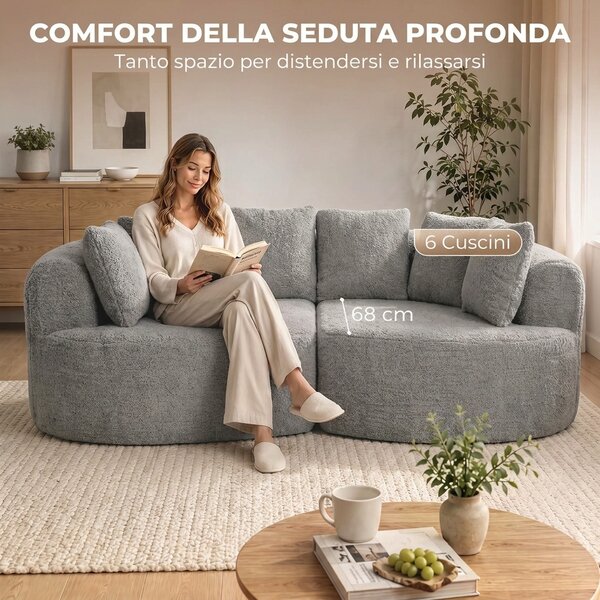 HOMCOM Divano 3 Posti Senza Struttura con Seduta Ampia, 6 Cuscini, Design Curvo, in Ciniglia, Grigio Chiaro | Aosom Italy