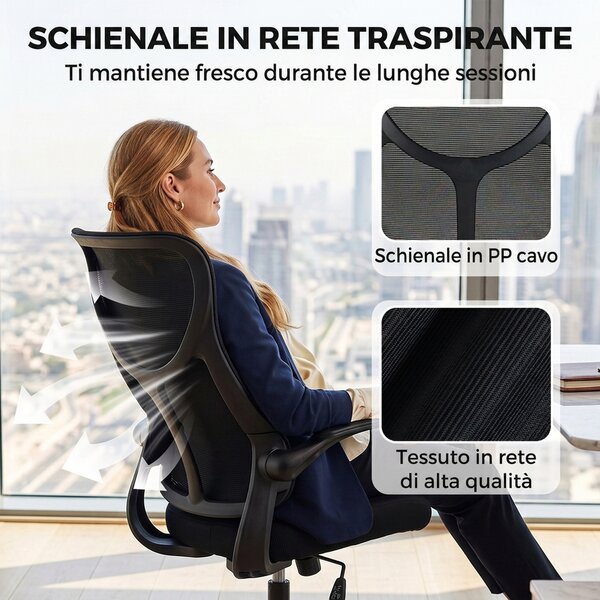 HOMCOM Sedia Ufficio Ergonomica Girevole con Braccioli Ribaltabili, Funzione Dondolo, Altezza Regolabili, in Rete, Nero | Aosom Italy