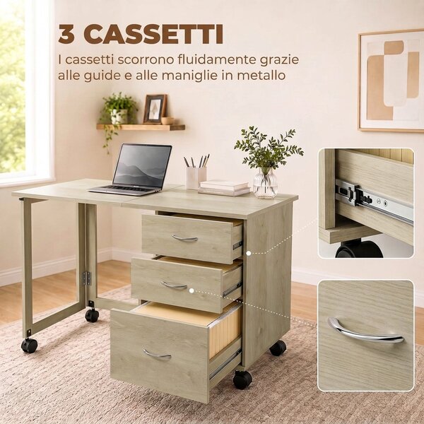 HOMCOM Scrivania Ufficio Pieghevole con 3 Cassetti, 4 Ruote con Freno, Rovere | Aosom Italy