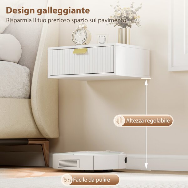 HOMCOM Set di 2 Comodini Camera da Letto da Parete con Cassetto Ondulato, Comodini Sospesi, per Soggiorno, 40x30x15cm, Bianco | Aosom Italy