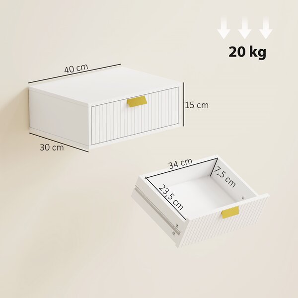 HOMCOM Set di 2 Comodini Camera da Letto da Parete con Cassetto Ondulato, Comodini Sospesi, per Soggiorno, 40x30x15cm, Bianco | Aosom Italy