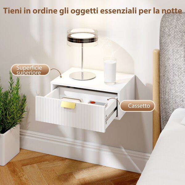 HOMCOM Set di 2 Comodini Camera da Letto da Parete con Cassetto Ondulato, Comodini Sospesi, per Soggiorno, 40x30x15cm, Bianco | Aosom Italy