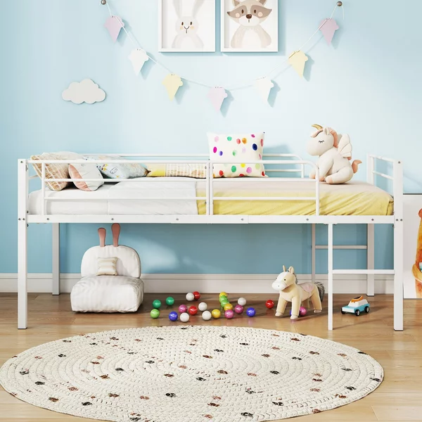 Costway Struttura letto in metallo con sponde di sicurezza e 2 scale, Letto a soppalco singolo a bassa altezza per ragazzi Bianco
