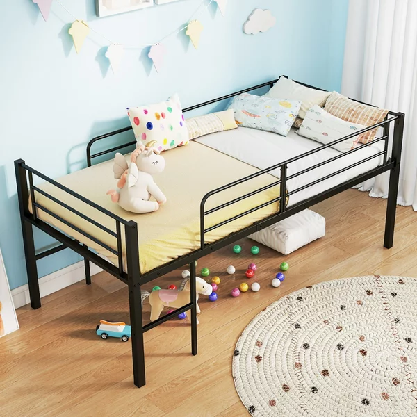Costway Struttura letto in metallo con sponde di sicurezza e 2 scale, Letto a soppalco singolo a bassa altezza per ragazzi Nero