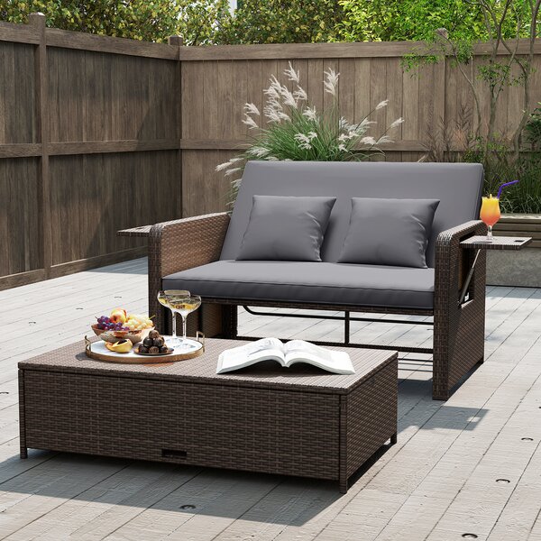 Costway Divano letto in rattan per patio con schienale regolabile e tavolini laterali pieghevoli, Set 2 pezzi con divanetto e pouf contenitore per giardino e piscina