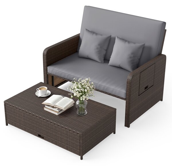 Costway Divano letto in rattan per patio con schienale regolabile e tavolini laterali pieghevoli, Set 2 pezzi con divanetto e pouf contenitore per giardino e piscina