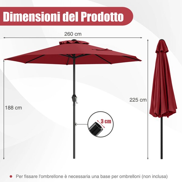 Costway Ombrellone da mercato con manovella da tavolo per giardino, Ombrellone da patio da 250 cm Rosso