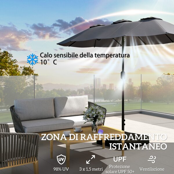 Outsunny Ombrellone Doppio a 12 Stecche con Manovella, Base a Croce e Sacchi, in Metallo e Poliestere, 3x1.5 m, Grigio Scuro | Aosom Italy