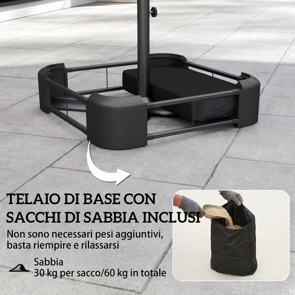 Outsunny Ombrellone Doppio a 12 Stecche con Manovella, Base a Croce e Sacchi, in Metallo e Poliestere, 3x1.5 m, Grigio Scuro | Aosom Italy