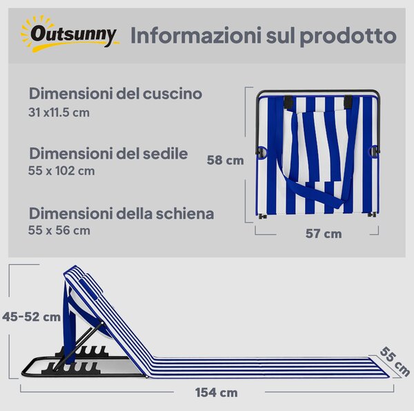Outsunny Set 2 Materassini Mare con Schienale Regolabile su 4 Livelli, in Acciaio e Poliestere, 154x57x52 cm, Blu Bianco | Aosom Italy