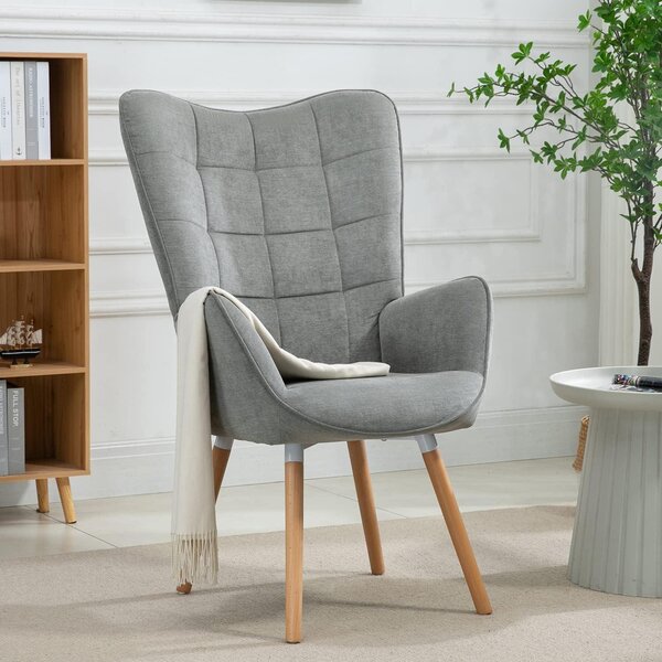 Poltrona confortevole, poltrone, sedie imbottite, divano, gambe in legno, poltrona a orecchie per soggiorno, camera da letto, ufficio, toeletta, tessuto, grigio