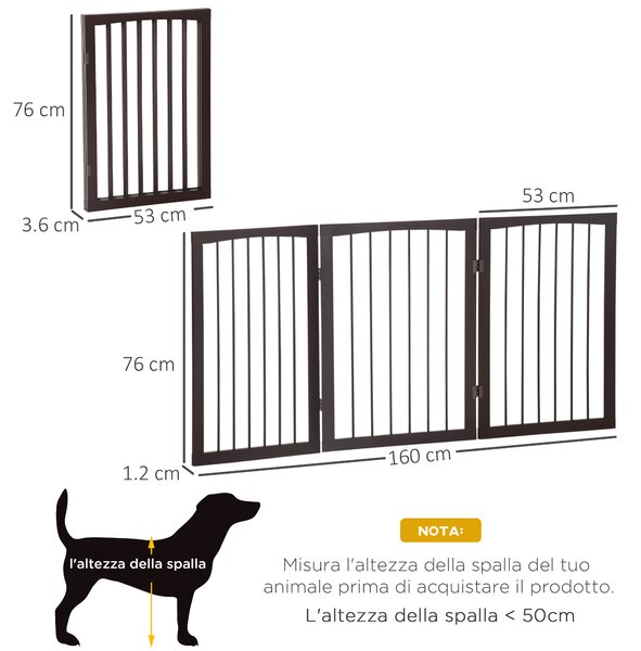 PawHut Cancellino Portatile da 3 Sezioni per Cani e Animali Domestici Divisorio di Sicurezza Pieghevole, 160x1.2x76 cm, Marrone|Aosom