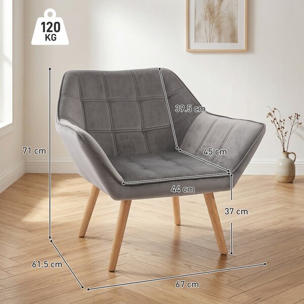 HOMCOM Poltroncina Stile Nordico in Legno ed Effetto Velluto Grigio per Soggiorno o Ufficio, 64x62x72.5 cm|Aosom