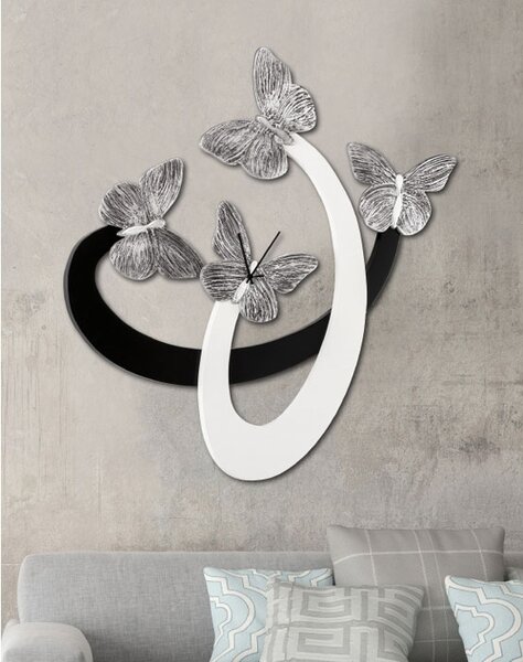 Pintdecor Orologio da parete moderno in legno Farfalle Avorio/Nero/Argento